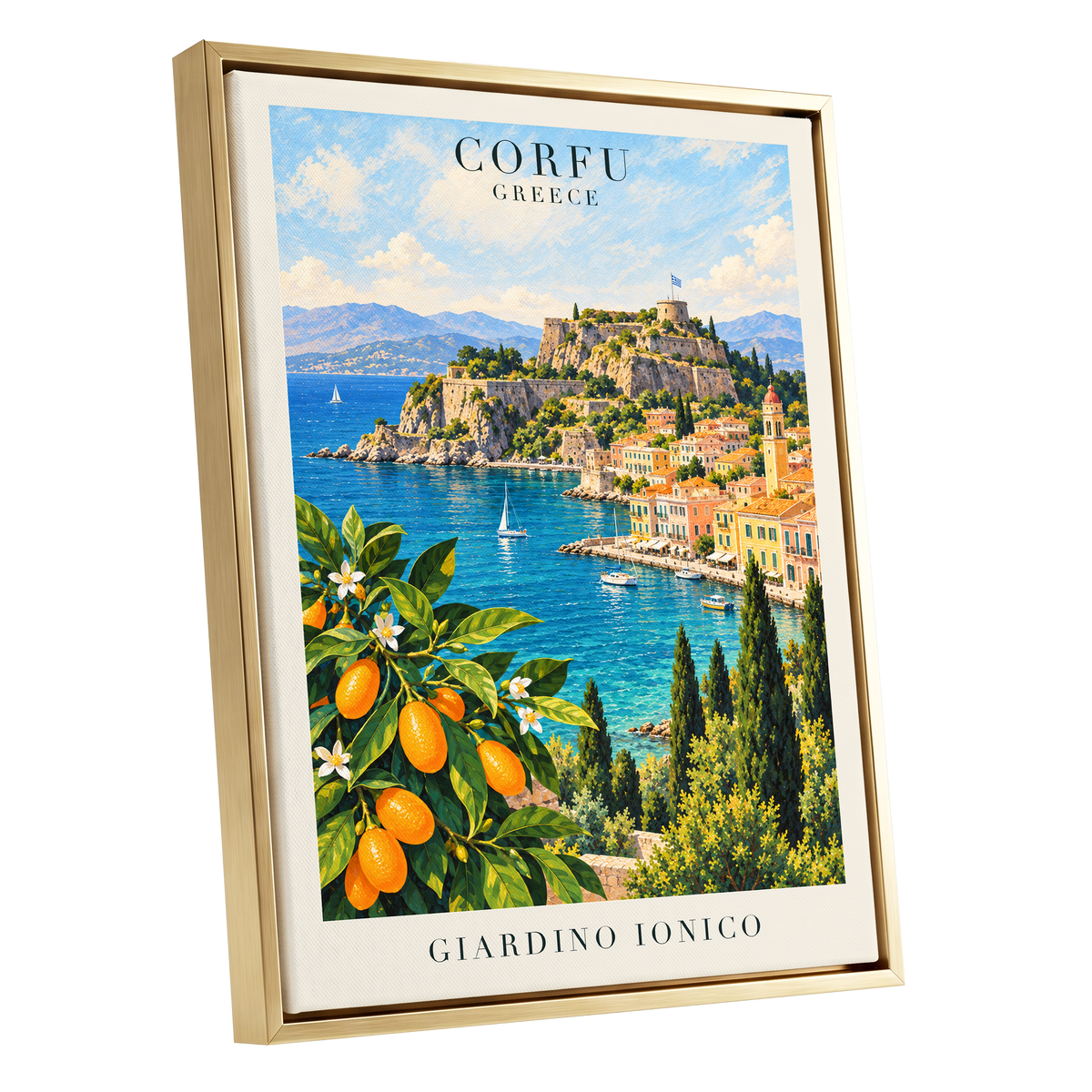 Corfu Citrus Cove, blue, green, orange nature wall art shown as a gold framed canvas wall art