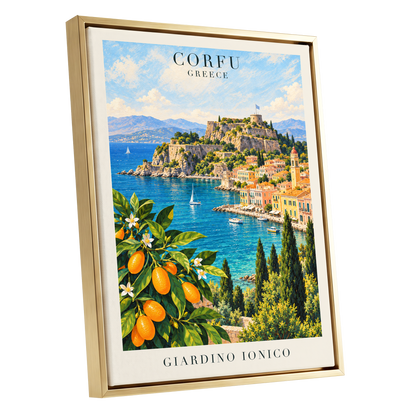 Corfu Citrus Cove, blue, green, orange nature wall art shown as a gold framed canvas wall art