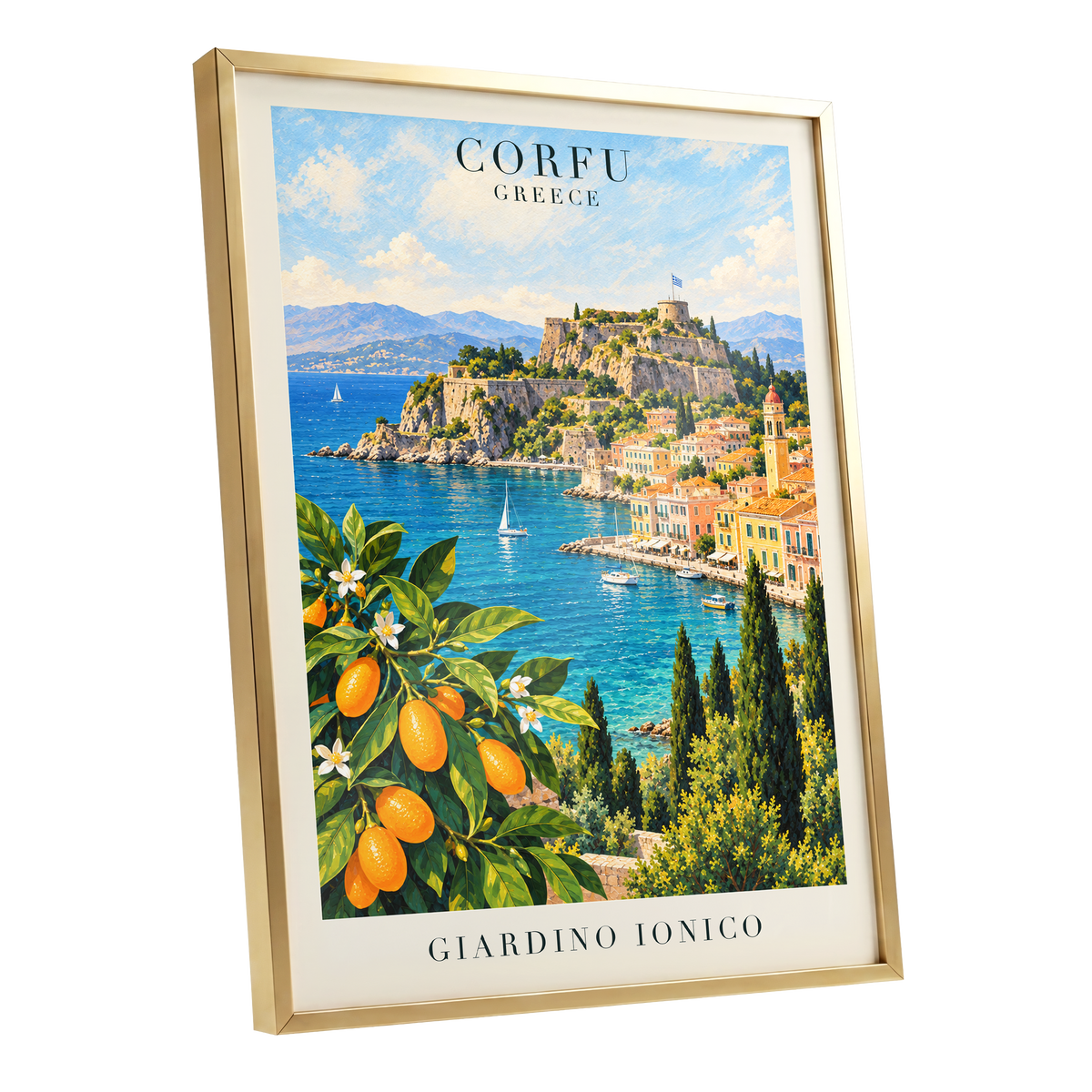 Corfu Citrus Cove, blue, green, orange nature wall art shown as a gold framed poster wall art print