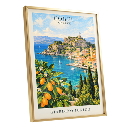 Corfu Citrus Cove, blue, green, orange nature wall art shown as a gold framed poster wall art print