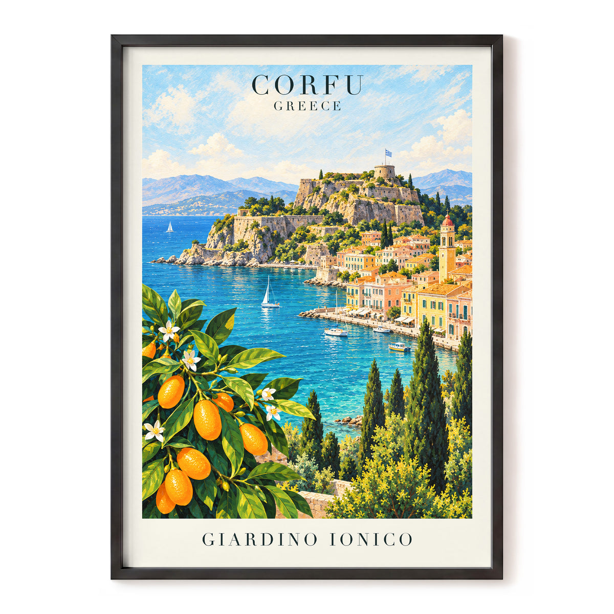 Corfu Citrus Cove, blue, green, orange nature wall art, front artwork view