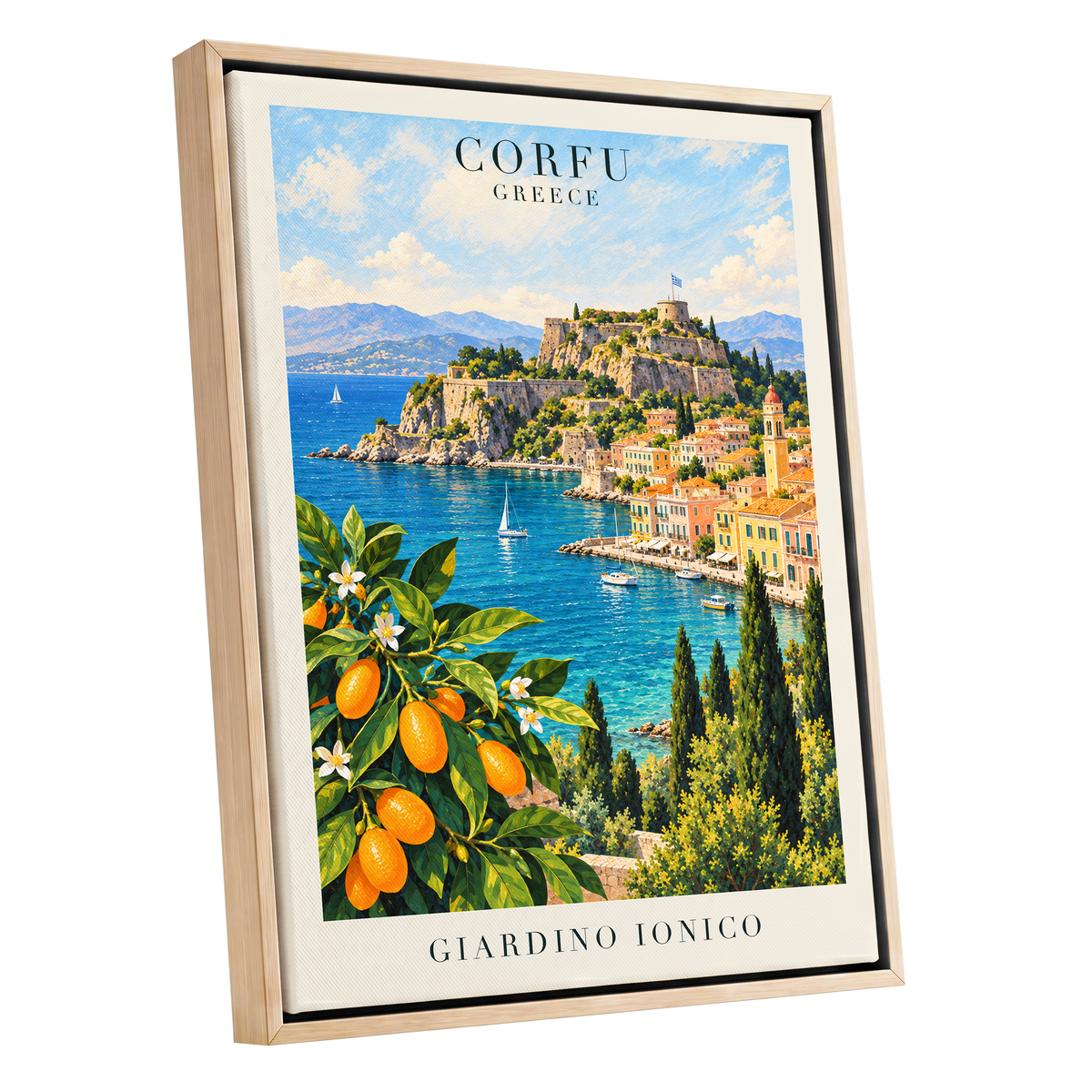 Corfu Citrus Cove, blue, green, orange nature wall art shown as a oak framed canvas wall art