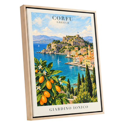 Corfu Citrus Cove, blue, green, orange nature wall art shown as a oak framed canvas wall art