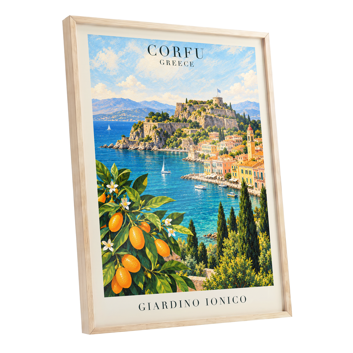 Corfu Citrus Cove, blue, green, orange nature wall art shown as a oak framed poster wall art print