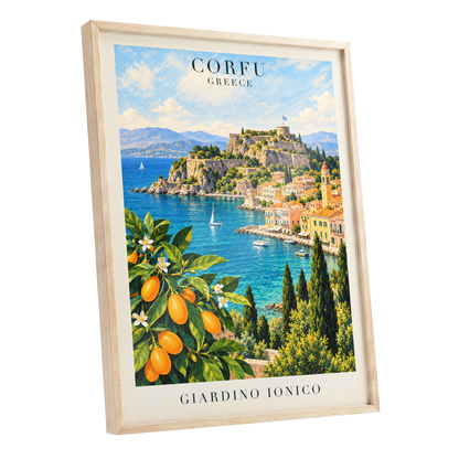 Corfu Citrus Cove, blue, green, orange nature wall art shown as a oak framed poster wall art print