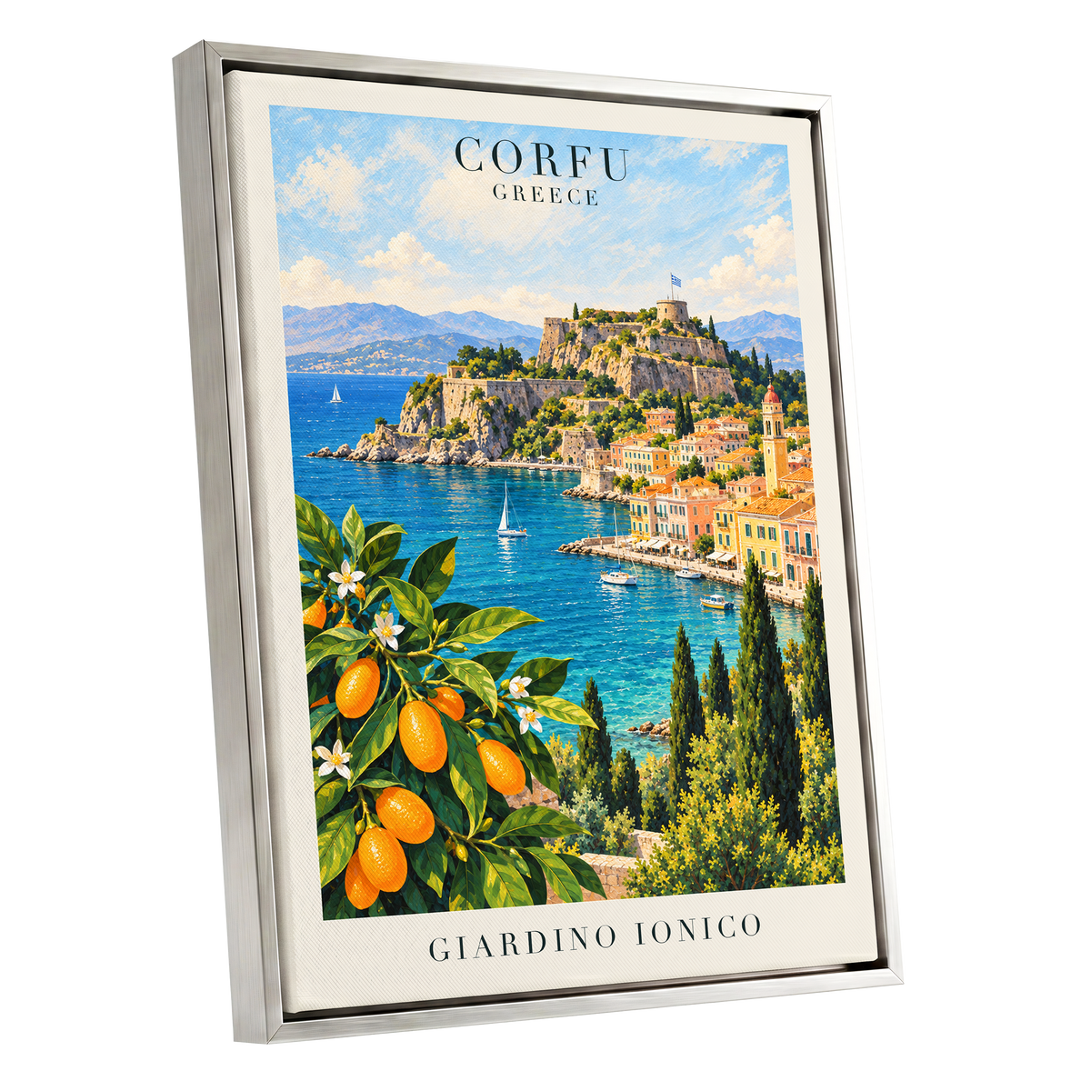 Corfu Citrus Cove, blue, green, orange nature wall art shown as a silver framed canvas wall art
