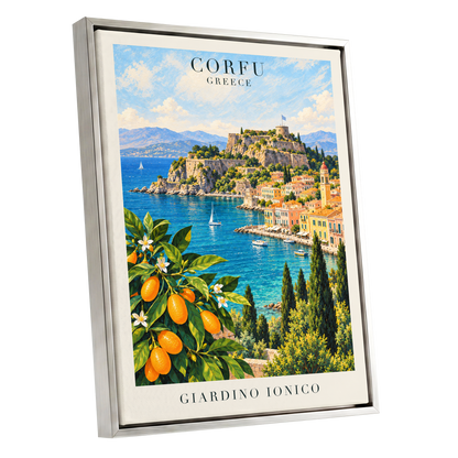 Corfu Citrus Cove, blue, green, orange nature wall art shown as a silver framed canvas wall art