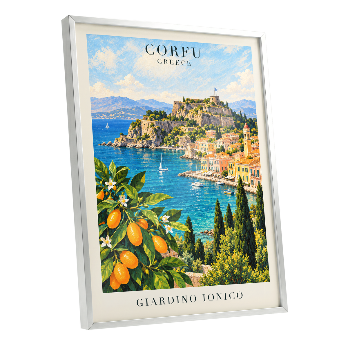Corfu Citrus Cove, blue, green, orange nature wall art shown as a silver framed poster wall art print