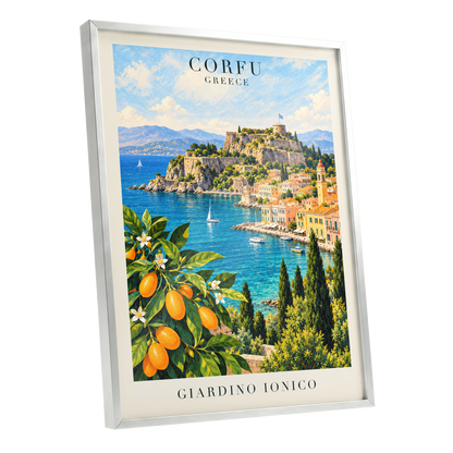 Corfu Citrus Cove, blue, green, orange nature wall art shown as a silver framed poster wall art print