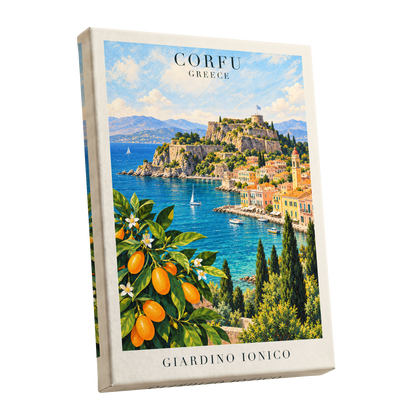 Corfu Citrus Cove, blue, green, orange nature wall art shown as a stretched canvas wall art