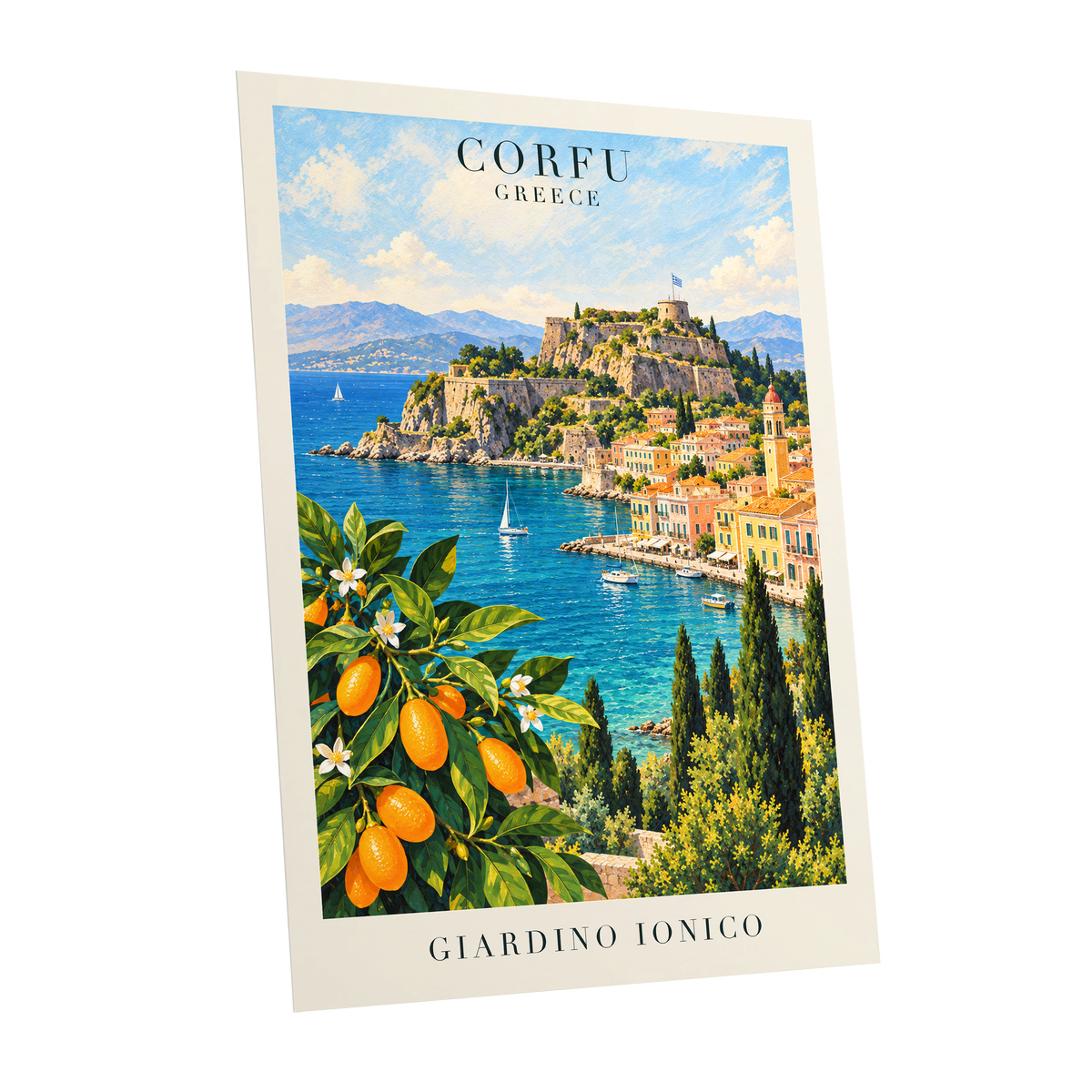 Corfu Citrus Cove, blue, green, orange nature wall art shown as a unframed poster wall art print