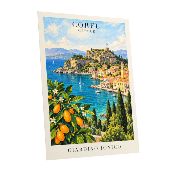 Corfu Citrus Cove, blue, green, orange nature wall art shown as a unframed poster wall art print