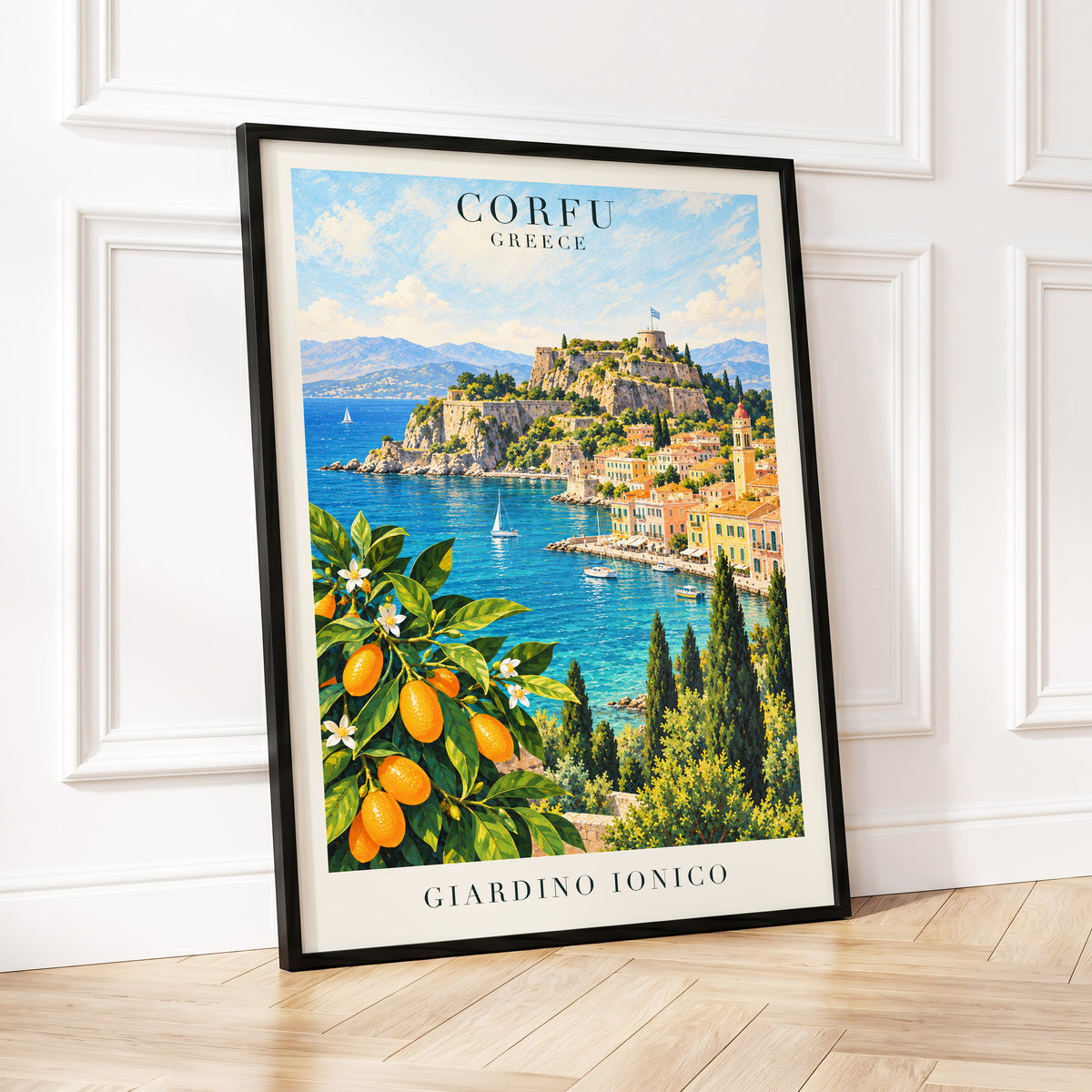 Corfu Citrus Cove, blue, green, orange nature wall art displayed in a styled interior, gallery view 2