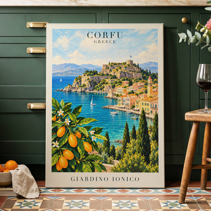 Corfu Citrus Cove, blue, green, orange nature wall art displayed in a styled interior, gallery view 3