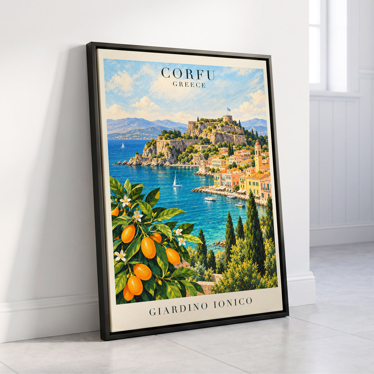 Corfu Citrus Cove, blue, green, orange nature wall art displayed in a styled interior, gallery view 4
