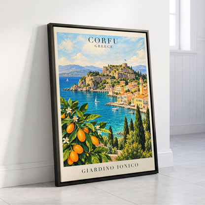 Corfu Citrus Cove, blue, green, orange nature wall art displayed in a styled interior, gallery view 4