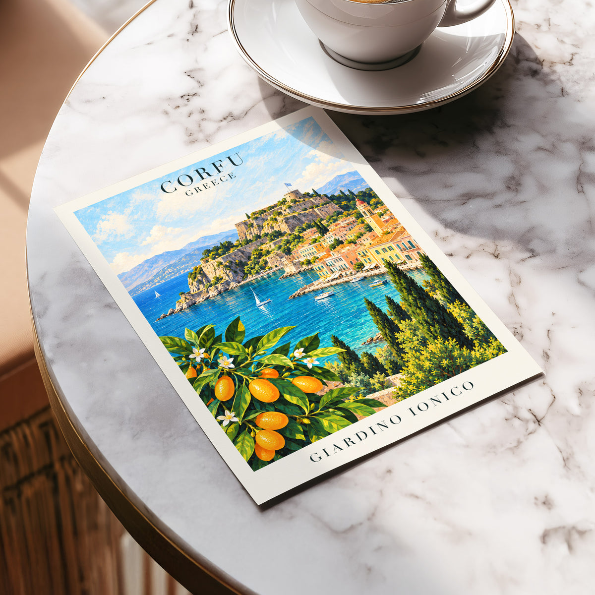 Corfu Citrus Cove, blue, green, orange nature wall art displayed in a styled interior, gallery view 5