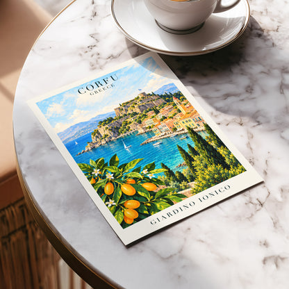 Corfu Citrus Cove, blue, green, orange nature wall art displayed in a styled interior, gallery view 5