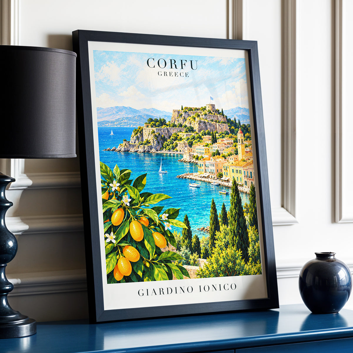 Corfu Citrus Cove, blue, green, orange nature wall art displayed in a styled interior, gallery view 6
