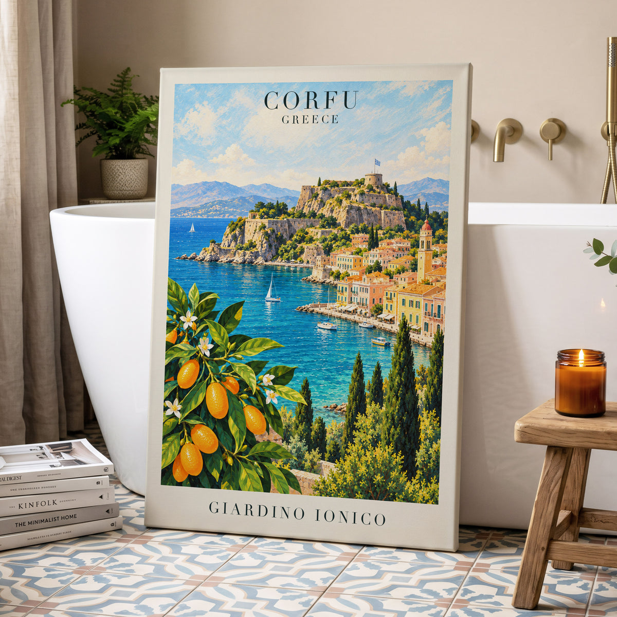 Corfu Citrus Cove, blue, green, orange nature wall art displayed in a styled interior, gallery view 7