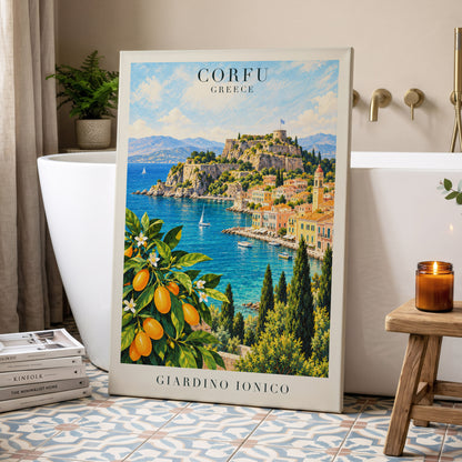 Corfu Citrus Cove, blue, green, orange nature wall art displayed in a styled interior, gallery view 7