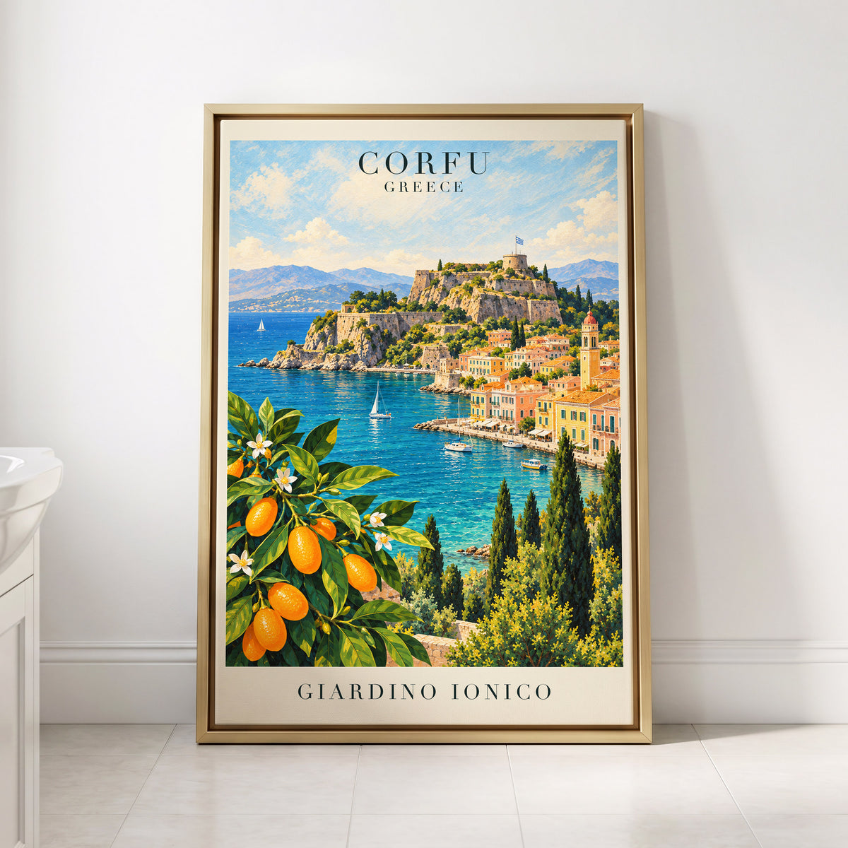 Corfu Citrus Cove, blue, green, orange nature wall art displayed in a styled interior, gallery view 8