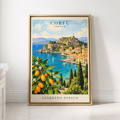Corfu Citrus Cove, blue, green, orange nature wall art displayed in a styled interior, gallery view 8