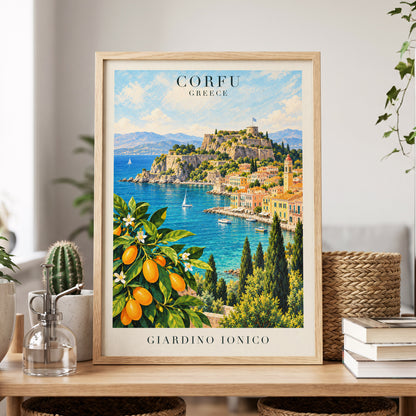 Corfu Citrus Cove, blue, green, orange nature wall art displayed in a styled interior, gallery view 9