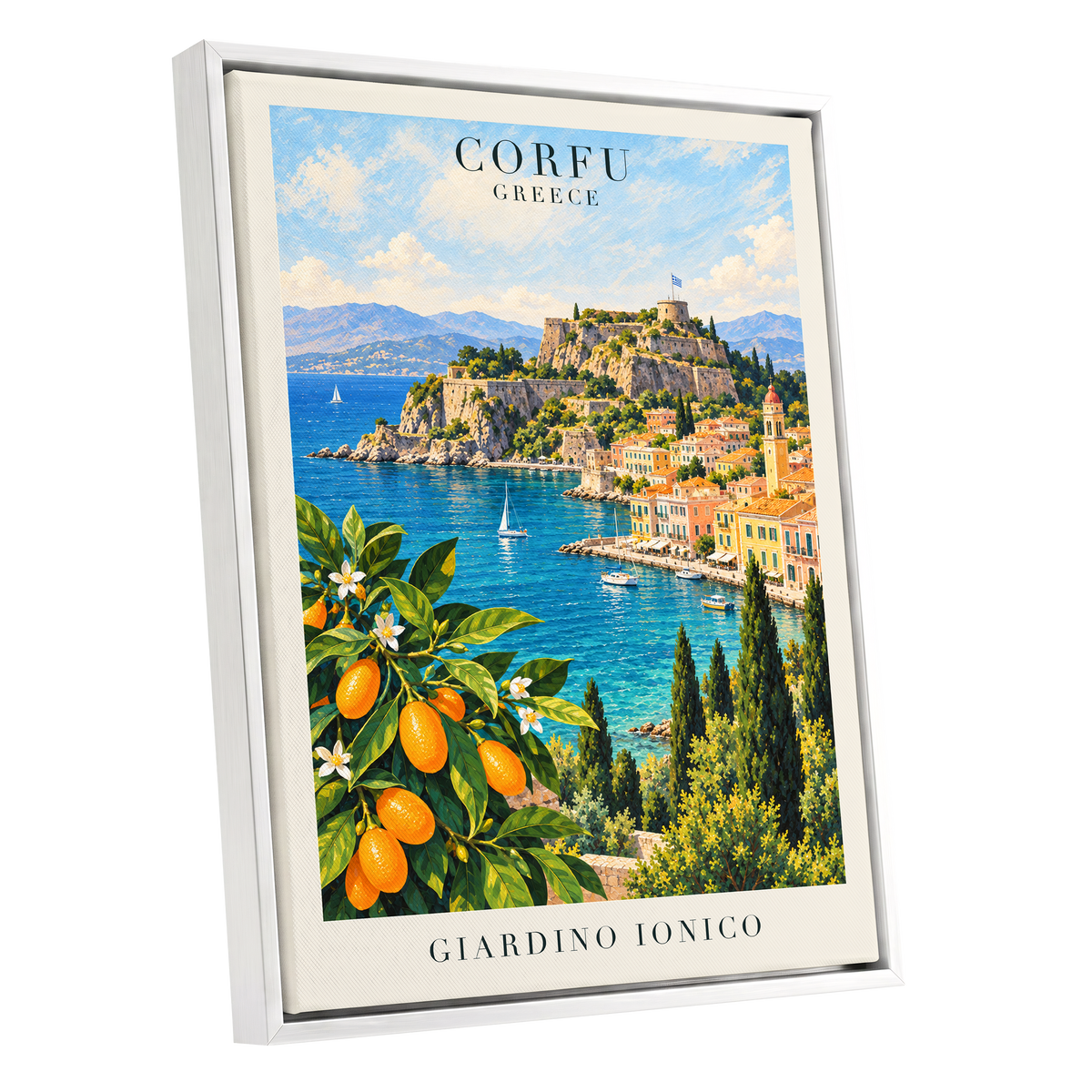 Corfu Citrus Cove, blue, green, orange nature wall art shown as a white framed canvas wall art