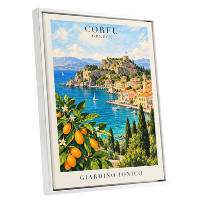 Corfu Citrus Cove, blue, green, orange nature wall art shown as a white framed canvas wall art