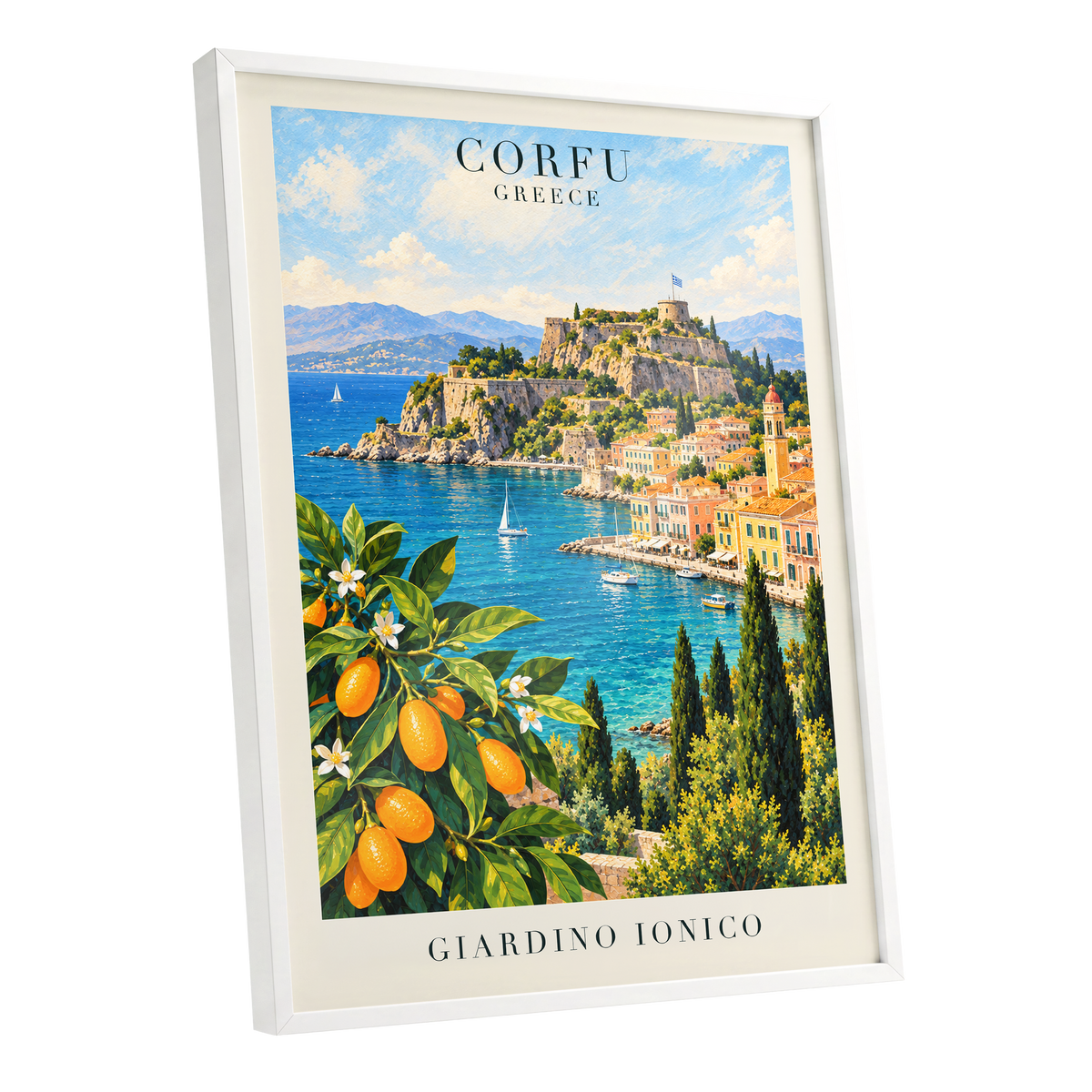 Corfu Citrus Cove, blue, green, orange nature wall art shown as a white framed poster wall art print