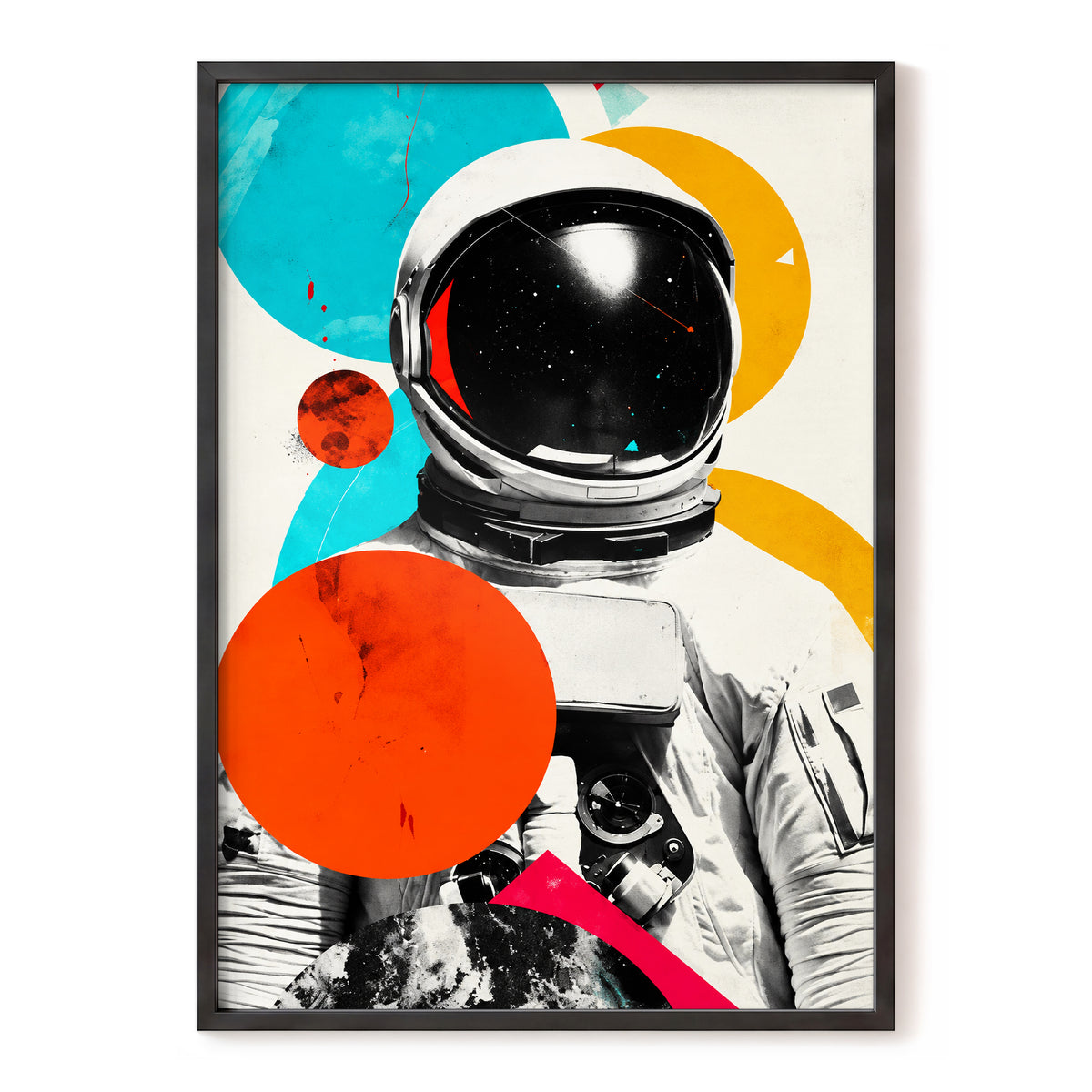 Cosmic Orbit, white, black, orange abstract wall art, front artwork view