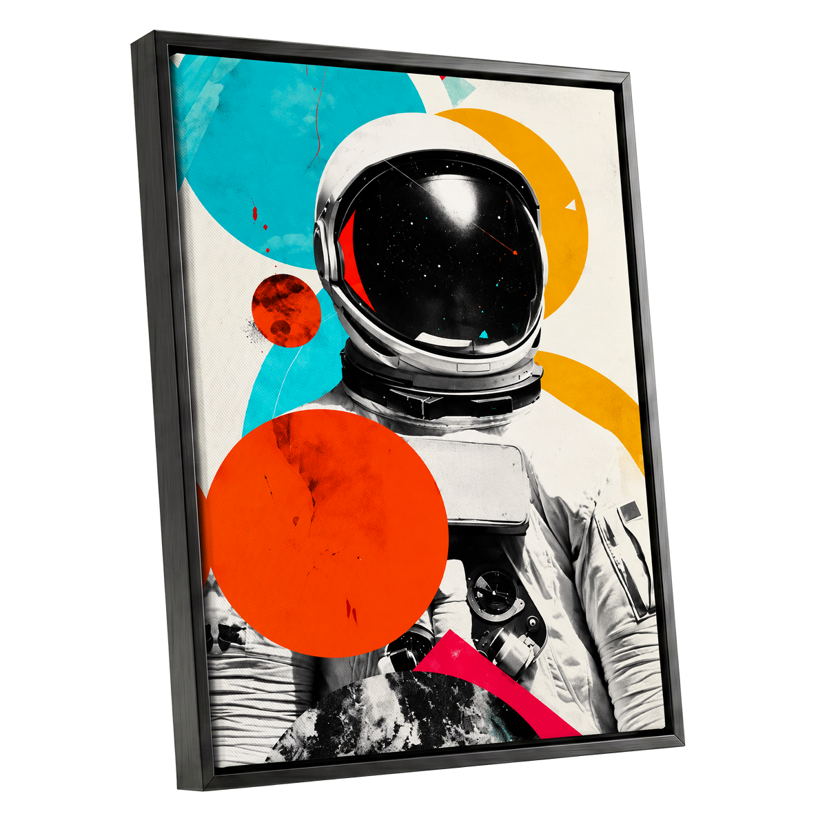 Cosmic Orbit, white, black, orange abstract wall art shown as a black framed canvas wall art