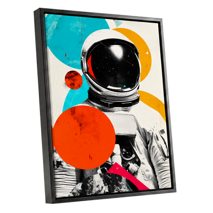 Cosmic Orbit, white, black, orange abstract wall art shown as a black framed canvas wall art