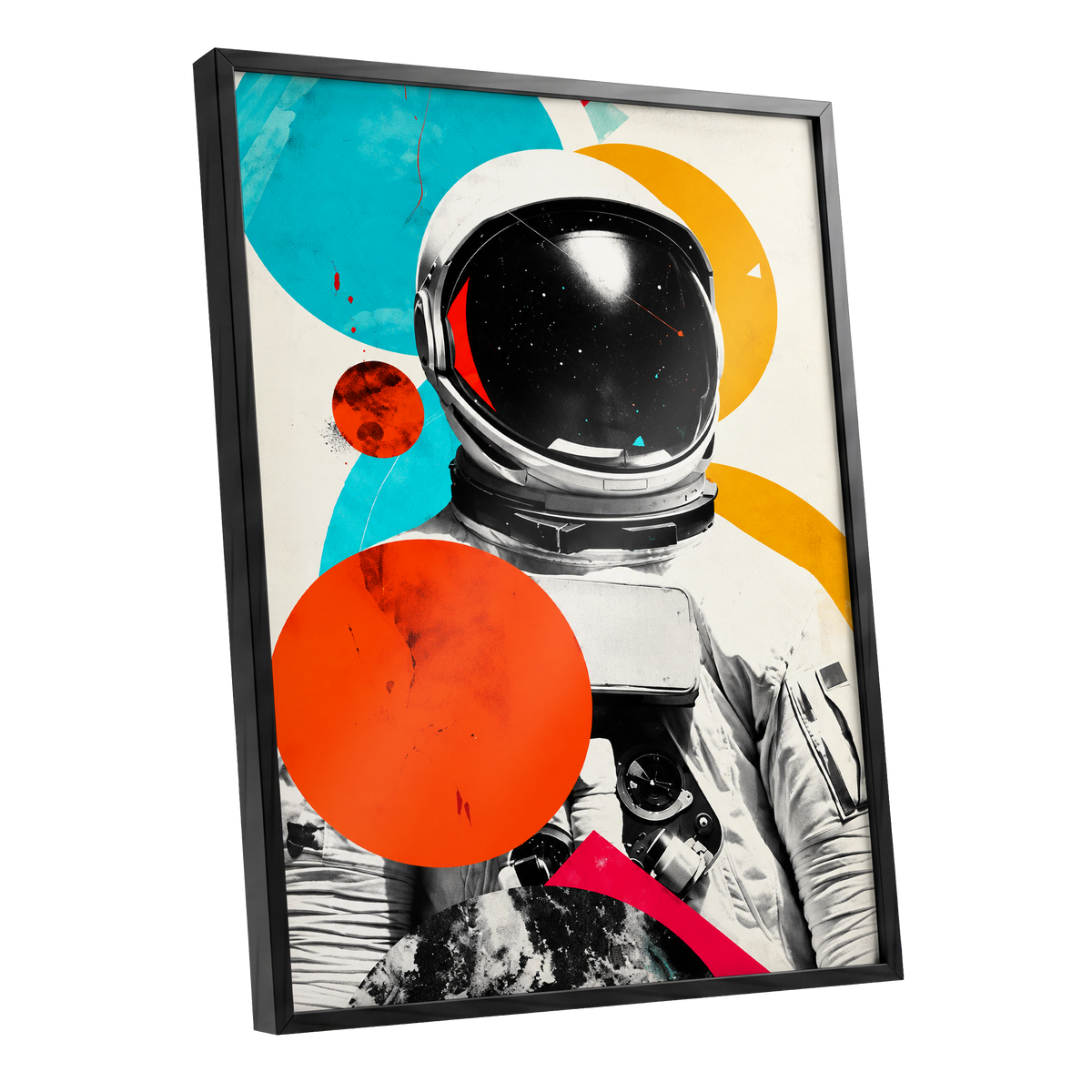 Cosmic Orbit, white, black, orange abstract wall art shown as a black framed poster wall art print