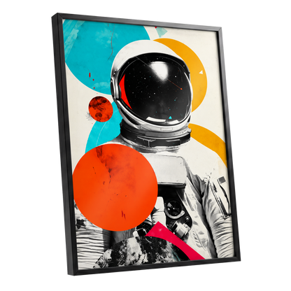 Cosmic Orbit, white, black, orange abstract wall art shown as a black framed poster wall art print