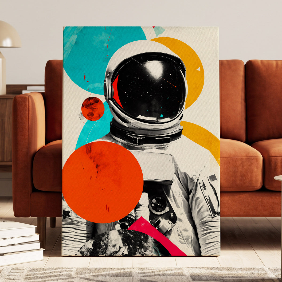 Cosmic Orbit, white, black, orange abstract wall art on canvas displayed in a styled interior, gallery view 1