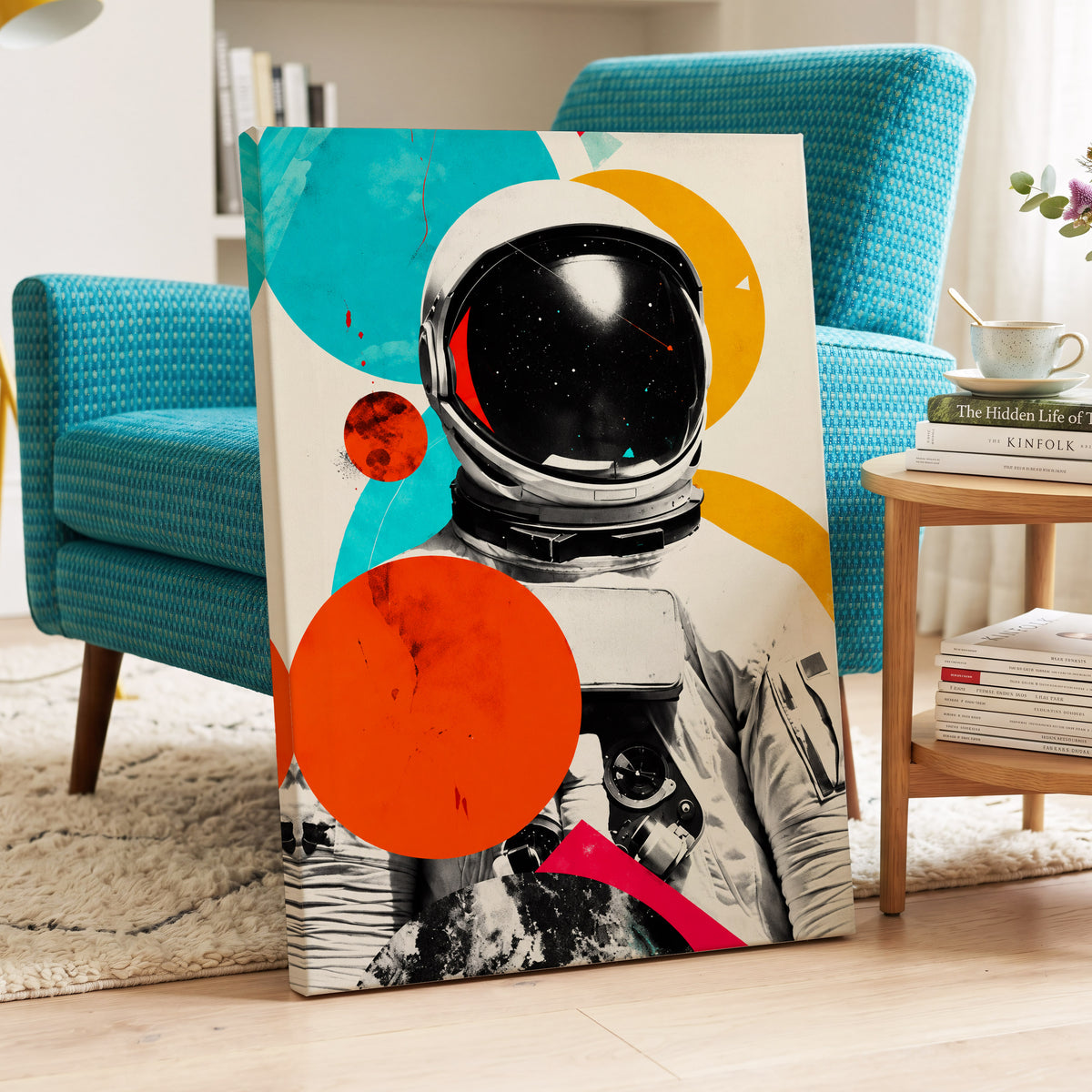 Cosmic Orbit, white, black, orange abstract wall art on canvas displayed in a styled interior, gallery view 2