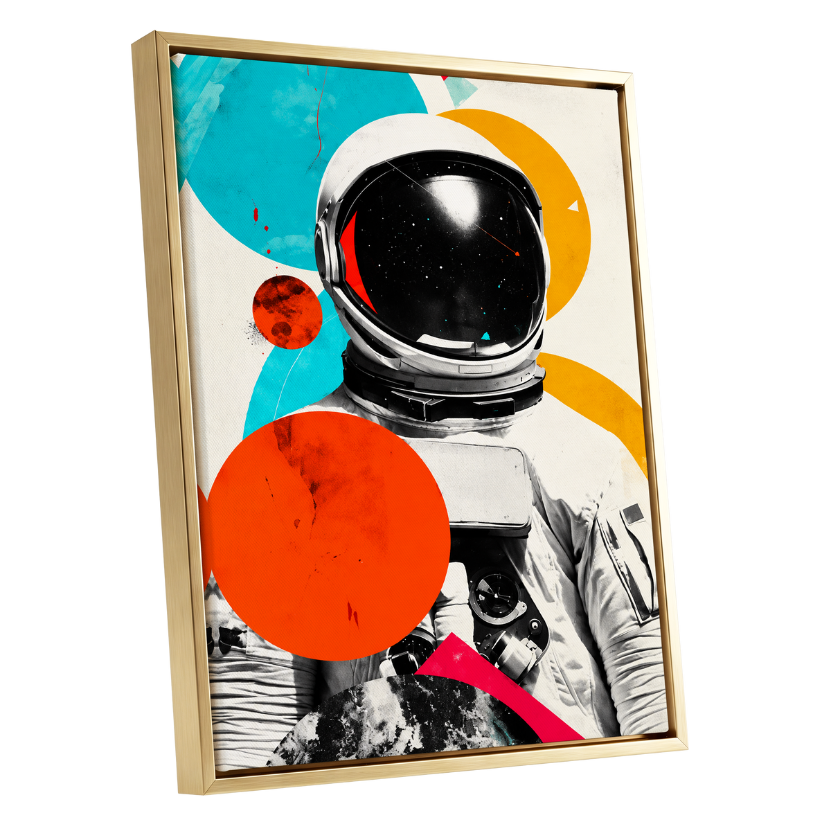 Cosmic Orbit, white, black, orange abstract wall art shown as a gold framed canvas wall art