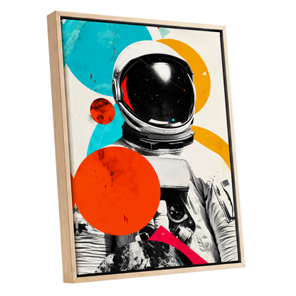 Cosmic Orbit, white, black, orange abstract wall art shown as a oak framed canvas wall art