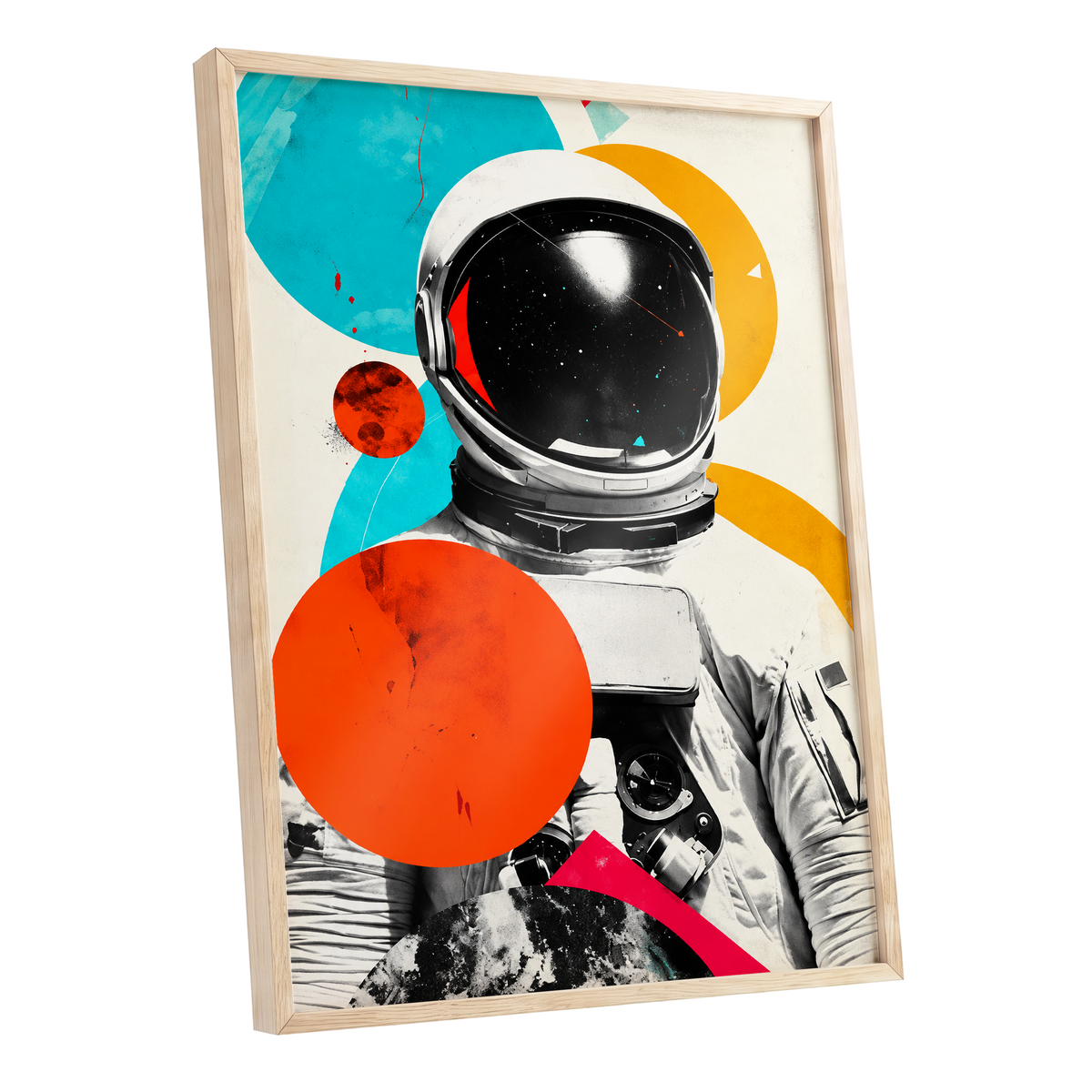 Cosmic Orbit, white, black, orange abstract wall art shown as a oak framed poster wall art print