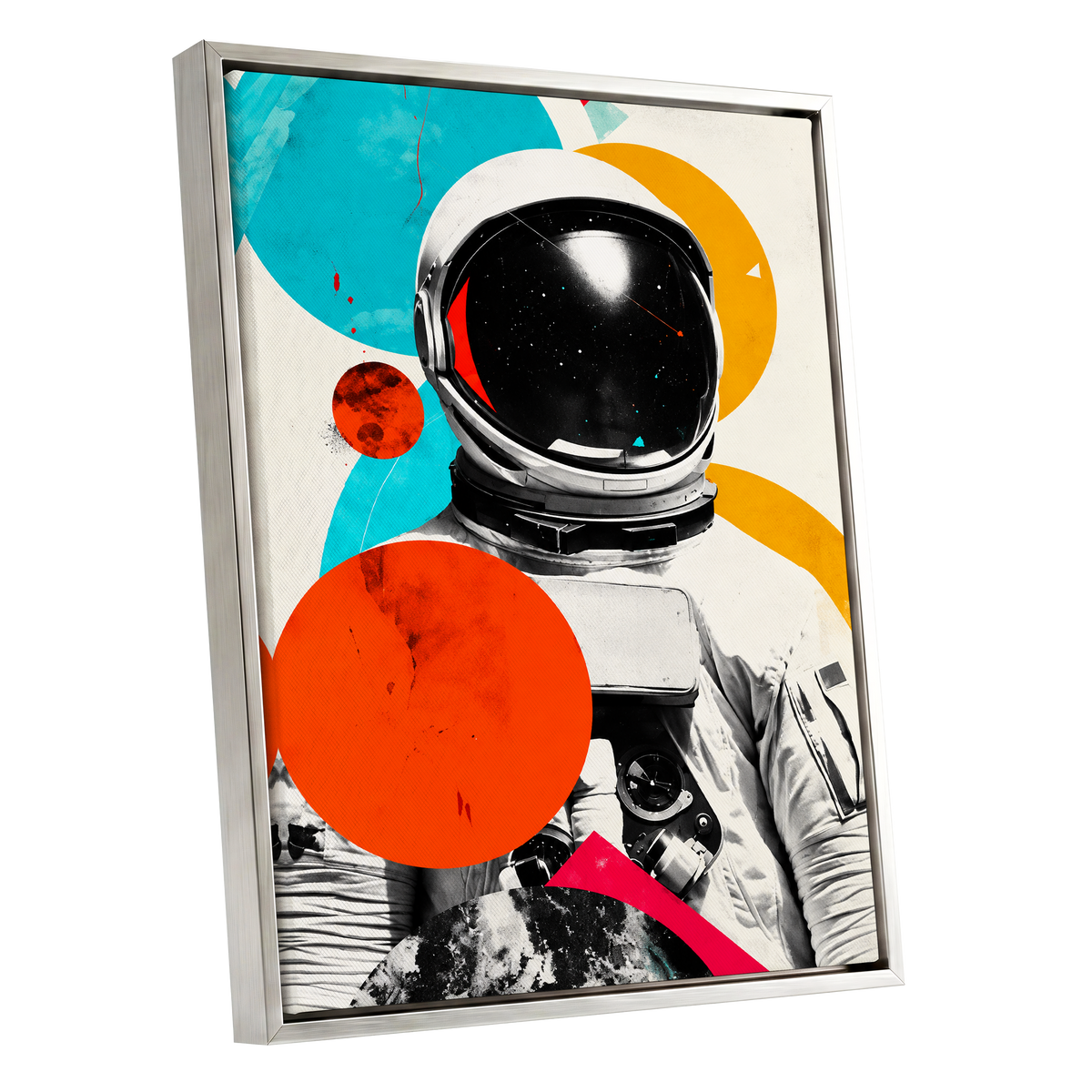 Cosmic Orbit, white, black, orange abstract wall art shown as a silver framed canvas wall art