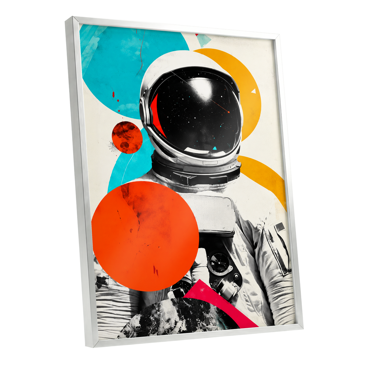 Cosmic Orbit, white, black, orange abstract wall art shown as a silver framed poster wall art print