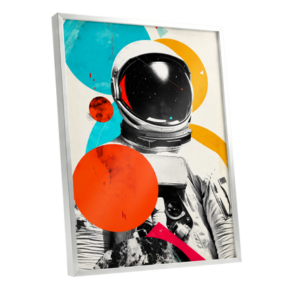 Cosmic Orbit, white, black, orange abstract wall art shown as a silver framed poster wall art print