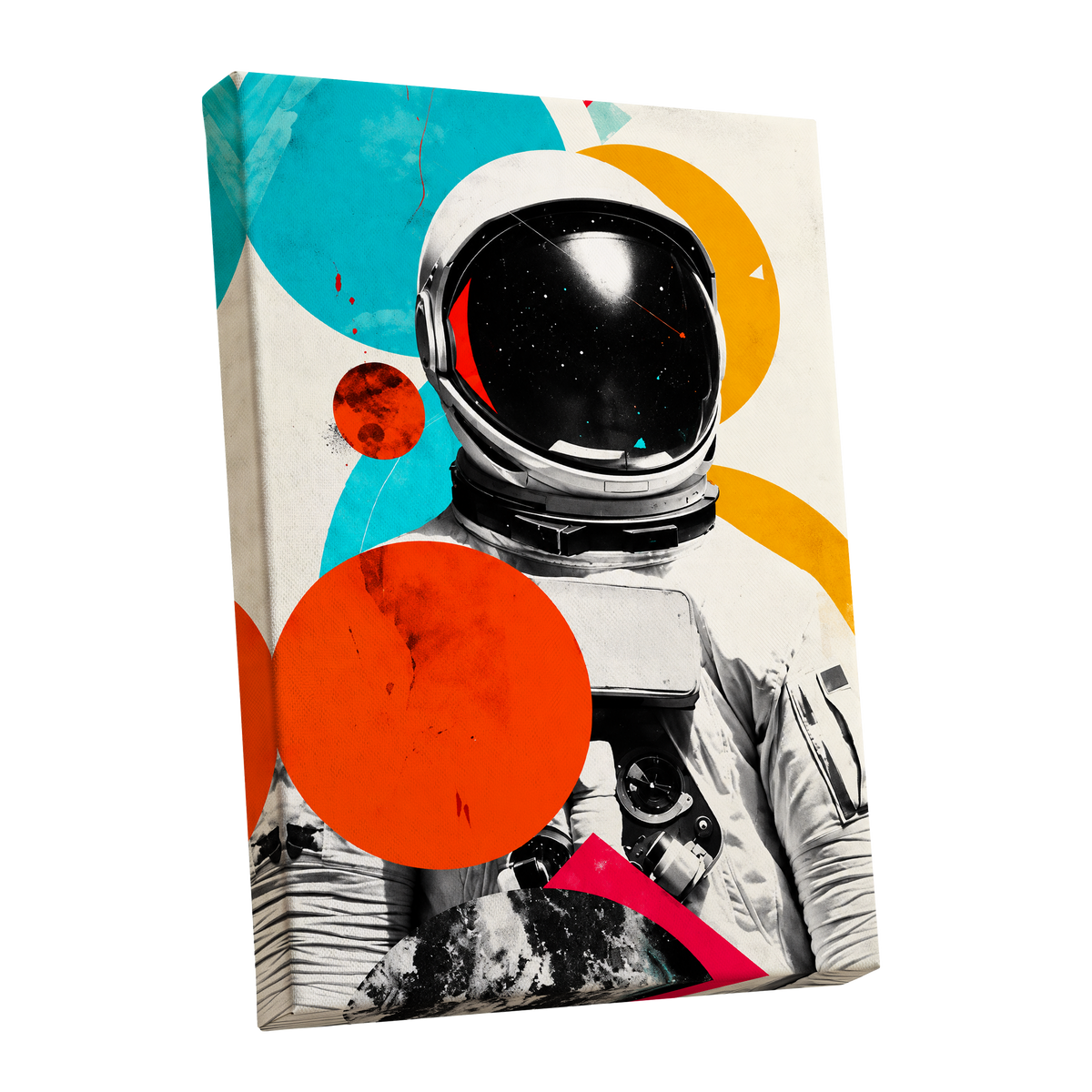 Cosmic Orbit, white, black, orange abstract wall art shown as a stretched canvas wall art