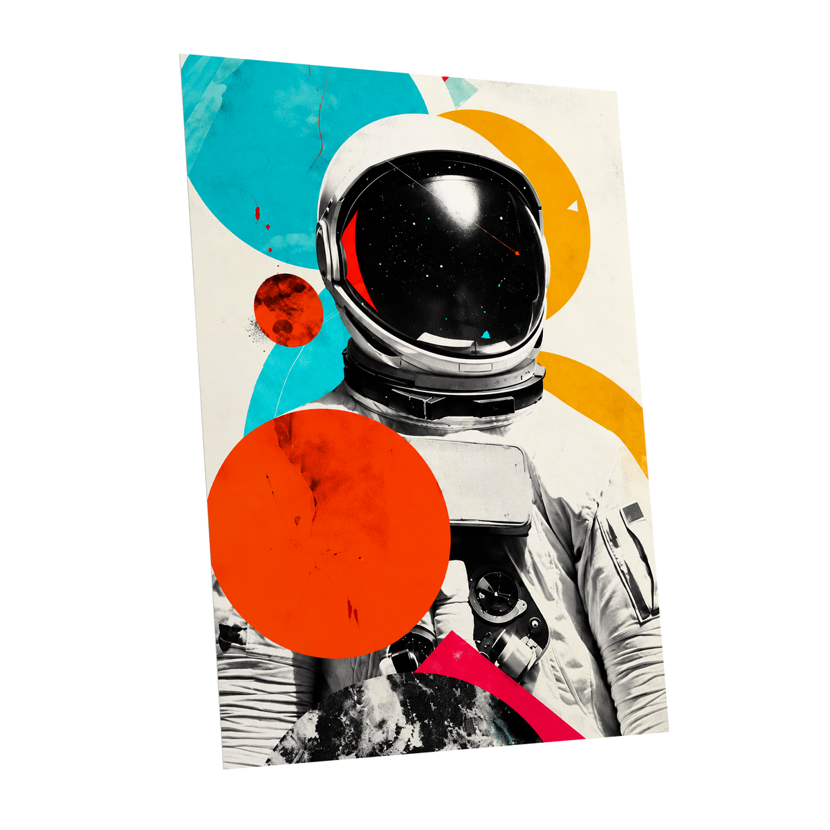 Cosmic Orbit, white, black, orange abstract wall art shown as a unframed poster wall art print