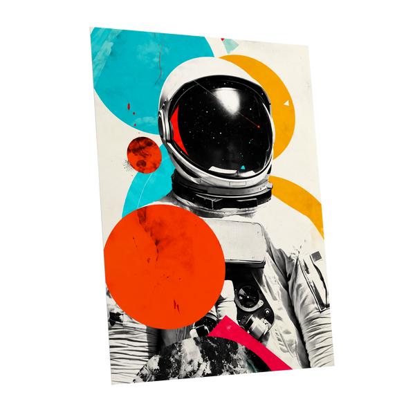 Cosmic Orbit, white, black, orange abstract wall art shown as a unframed poster wall art print
