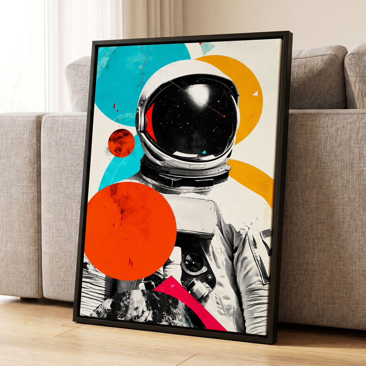 Cosmic Orbit, white, black, orange abstract wall art displayed in a styled interior, gallery view 1