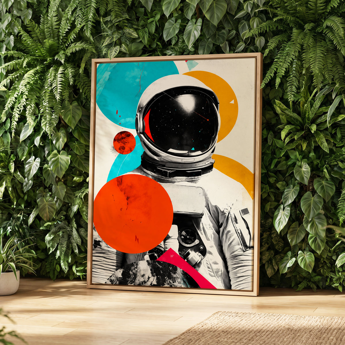 Cosmic Orbit, white, black, orange abstract wall art displayed in a styled interior, gallery view 2