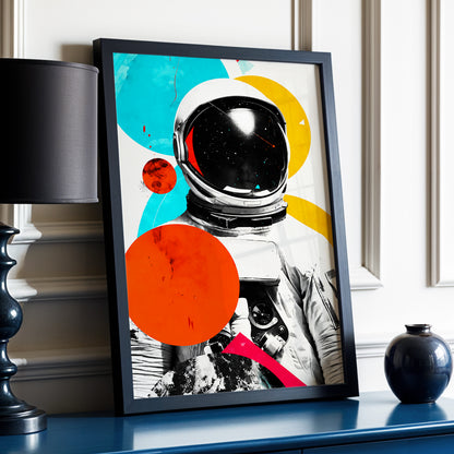 Cosmic Orbit, white, black, orange abstract wall art displayed in a styled interior, gallery view 3